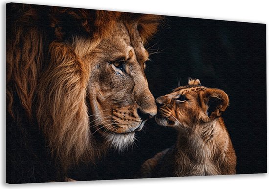 Leeuw portret - Dieren schilderijen - Canvas schilderijen Leeuwen welp - Schilderij vintage - Schilderijen canvas - Muurdecoratie slaapkamer canvas 90x60 cm
