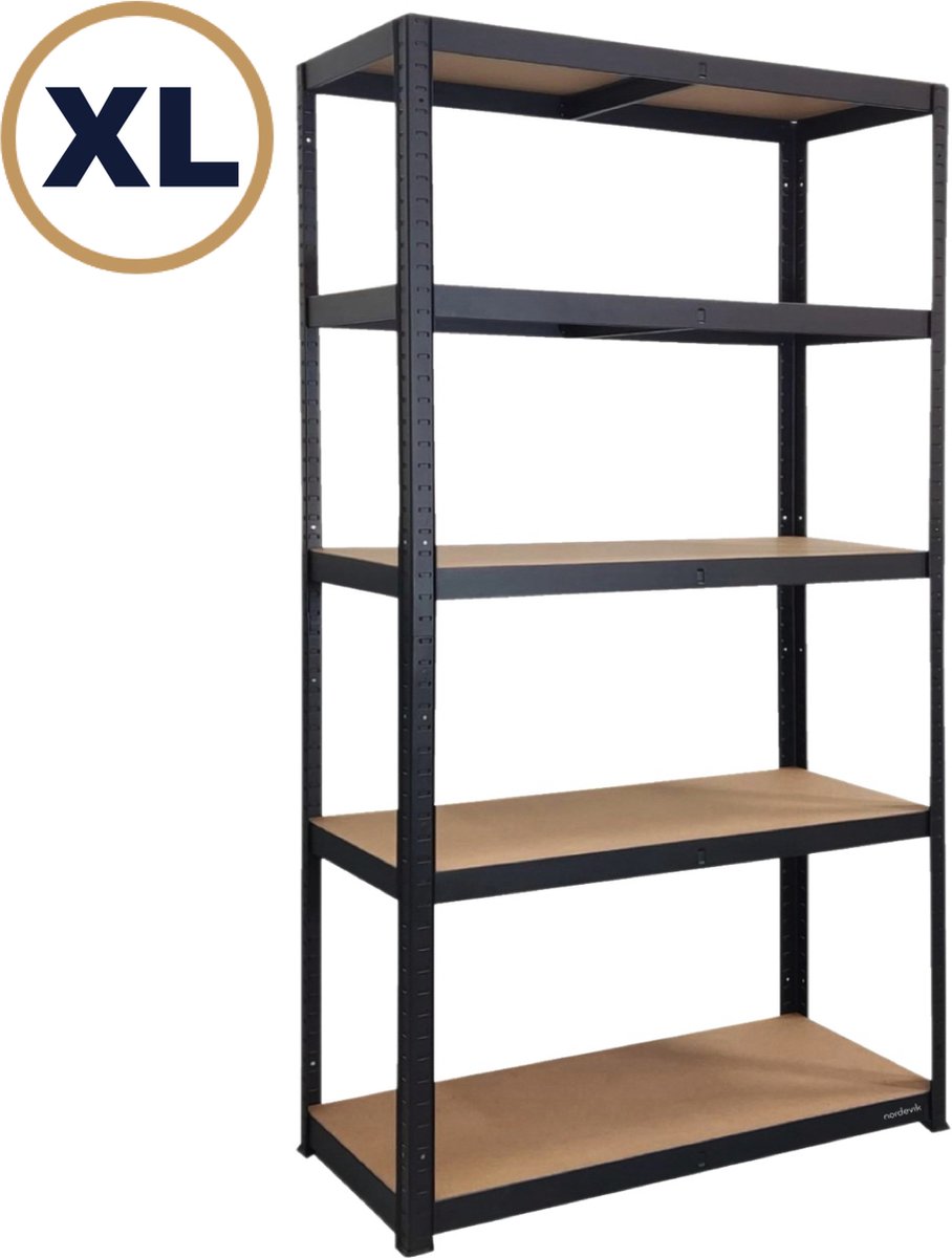 Nordevik Metalen Stellingkast XL - Zwart - 180x120x40cm - 5 planken - Extra Sterk Opbergrek - 875kg draagkracht - 175kg per plank