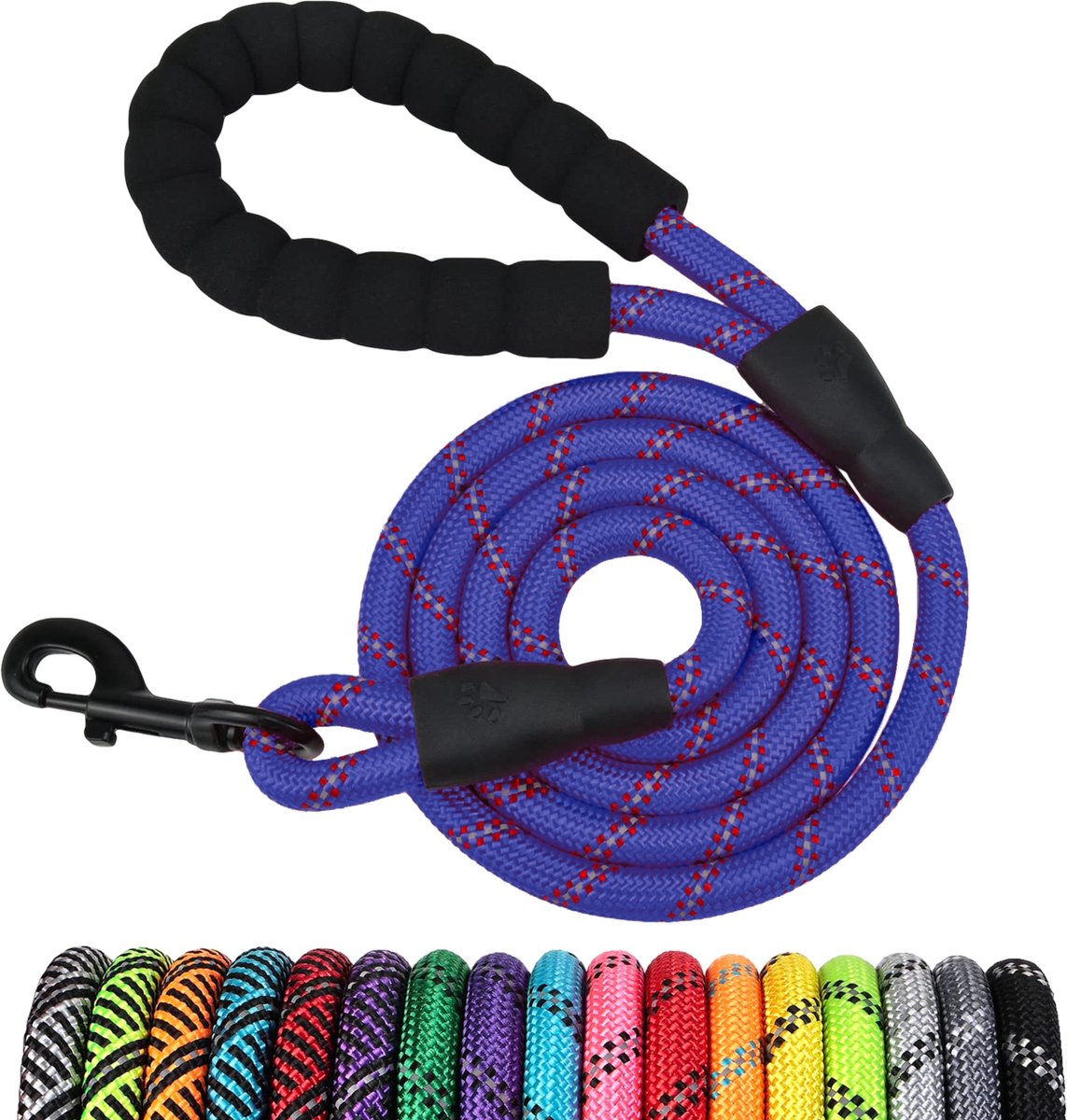 JAXY Hondenriem - Nylon Hondenlijn - Gevoerd Handvat - Robuust Touw - Reflecterende Looplijn Hond - 1,5 M - Blauw/Rood