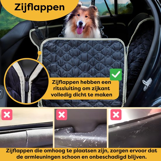 Zwarte zijflappen met rits, tonen een hond op de achterbank en illustraties van schone armleuningen.
