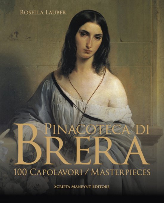 Boek 'Pinacoteca di Brera: 100 Capolavori / Masterpieces' met op de cover een schilderij van Rosella Lauber van een vrouw in een grijs-blauwe jurk.