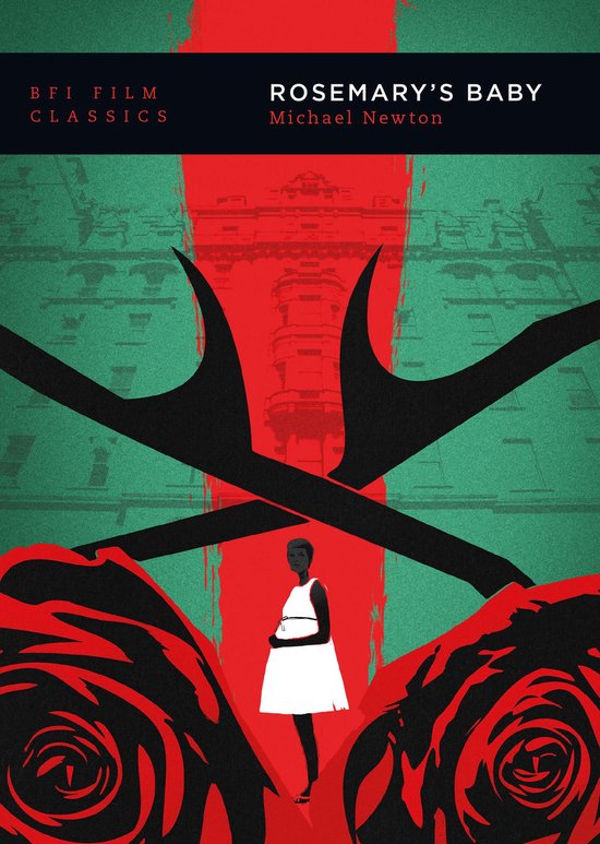 Boek 'Rosemary's Baby' met een vrouw in witte jurk, rood en groen design.