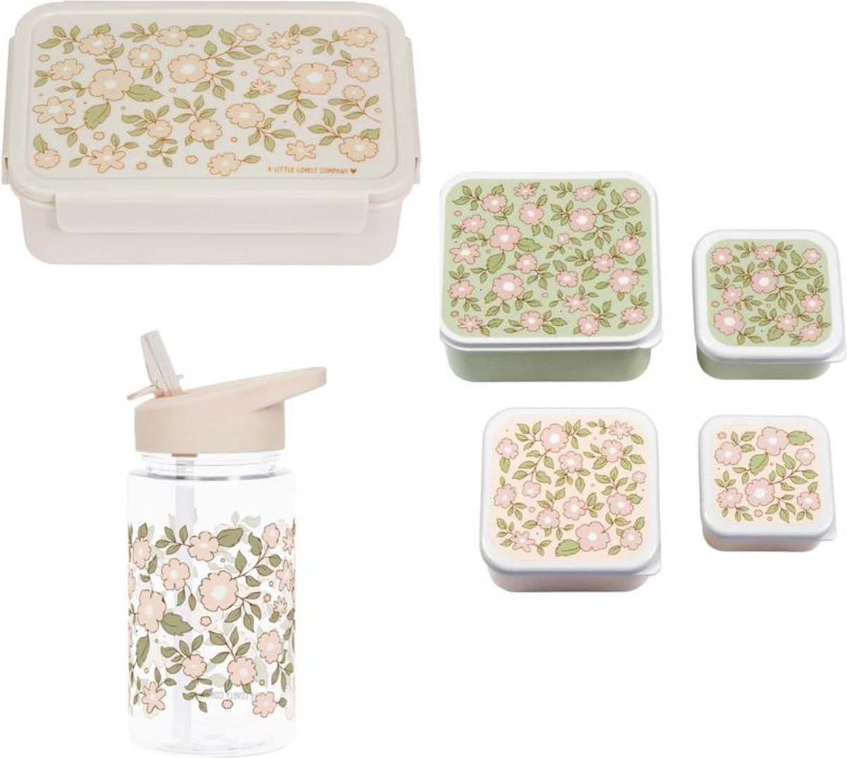 Konges Slöjd A Little Lovely Company Back to school set Drinkfles 4 Snackdozen Bentobox Bloesems Roze