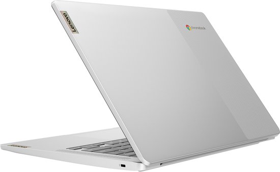 Zilverkleurige Lenovo Chromebook, achterkant met gestreepte textuur en Lenovo/Chromebook logo's.