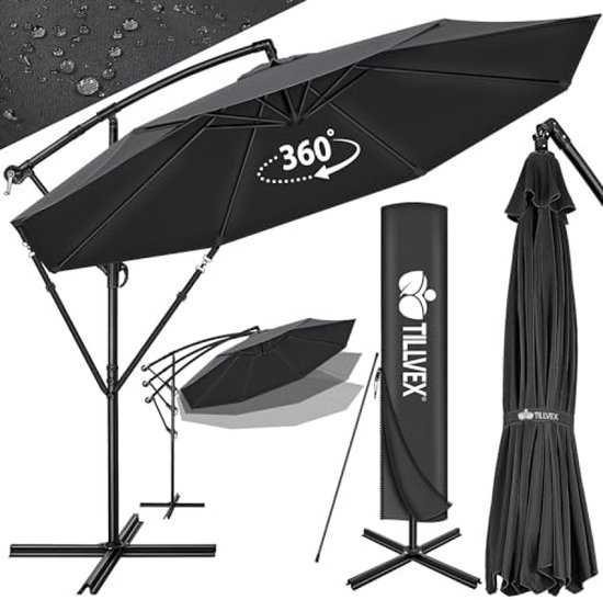 LEHMANN Parasol met LED-verlichting – Zweefparasol met Standaard – Tuinparasol met Zwengel – UV-bescherming – Waterdicht – 32 LEDs – Zonne-energie – Inclusief beschermhoes