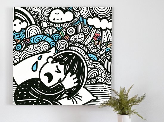 Doodle huilend kind schilderij | Tranen van creativiteit: De emotionele expressie van een kleine kunstenaar | Kunst - 40x40 centimeter op Dibond | Foto op Dibond