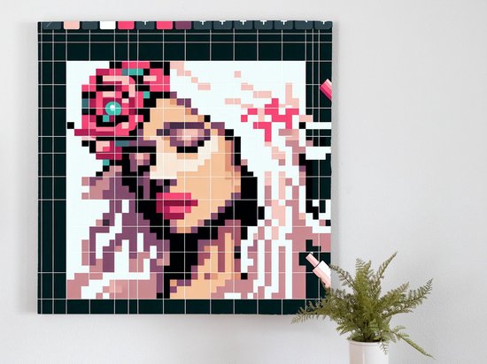 Pixel art vrouw schilderij | Digitale schoonheid: een betoverende pixelkunst interpretatie van de vrouw | Kunst - 100x100 centimeter op Canvas | Foto op Canvas