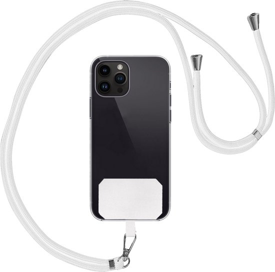 Smartphone dans une coque transparente avec cordon blanc. Téléphone à trois caméras.