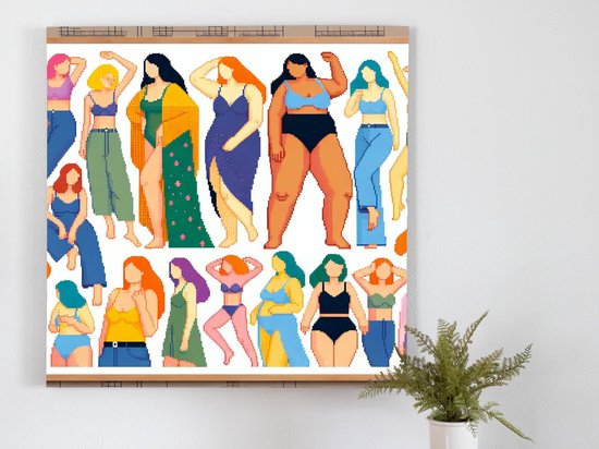 Pixel art dikke dames artwork | Dikke dames dansen in levendige pixelkunst, een kleurrijke schouwspel | Kunst - 30x30 centimeter op Dibond | Foto op Dibond - wanddecoratie schilderij