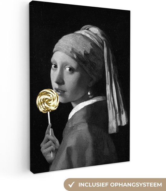 Foto: Canvas schilderij 20x30 cm wanddecoratie meisje met de parel johannes vermeer lolly goud muurdecoratie woonkamer slaapkamer decoratie kamer accessoires schilderijen