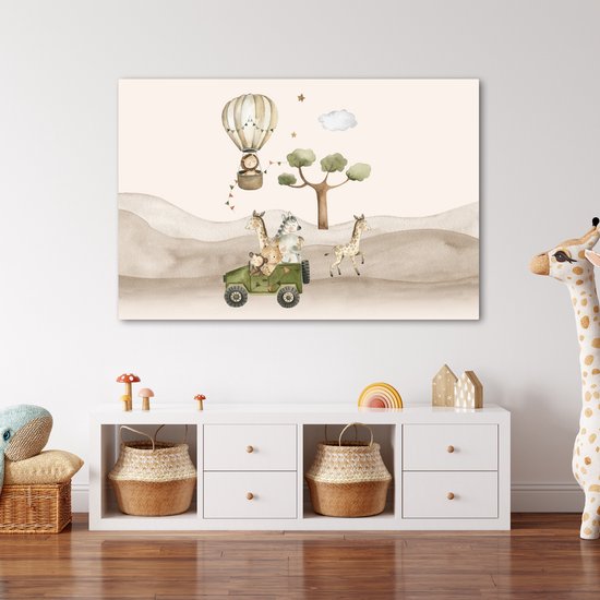 Peinture sur toile 120x80 cm - Décoration murale chambre enfant Animaux sauvages - Safari - Aquarelle - Montgolfière - Décoration murale murale chambre bébé - Décoration chambre garçon et fille - Accessoires Bébé - Peintures