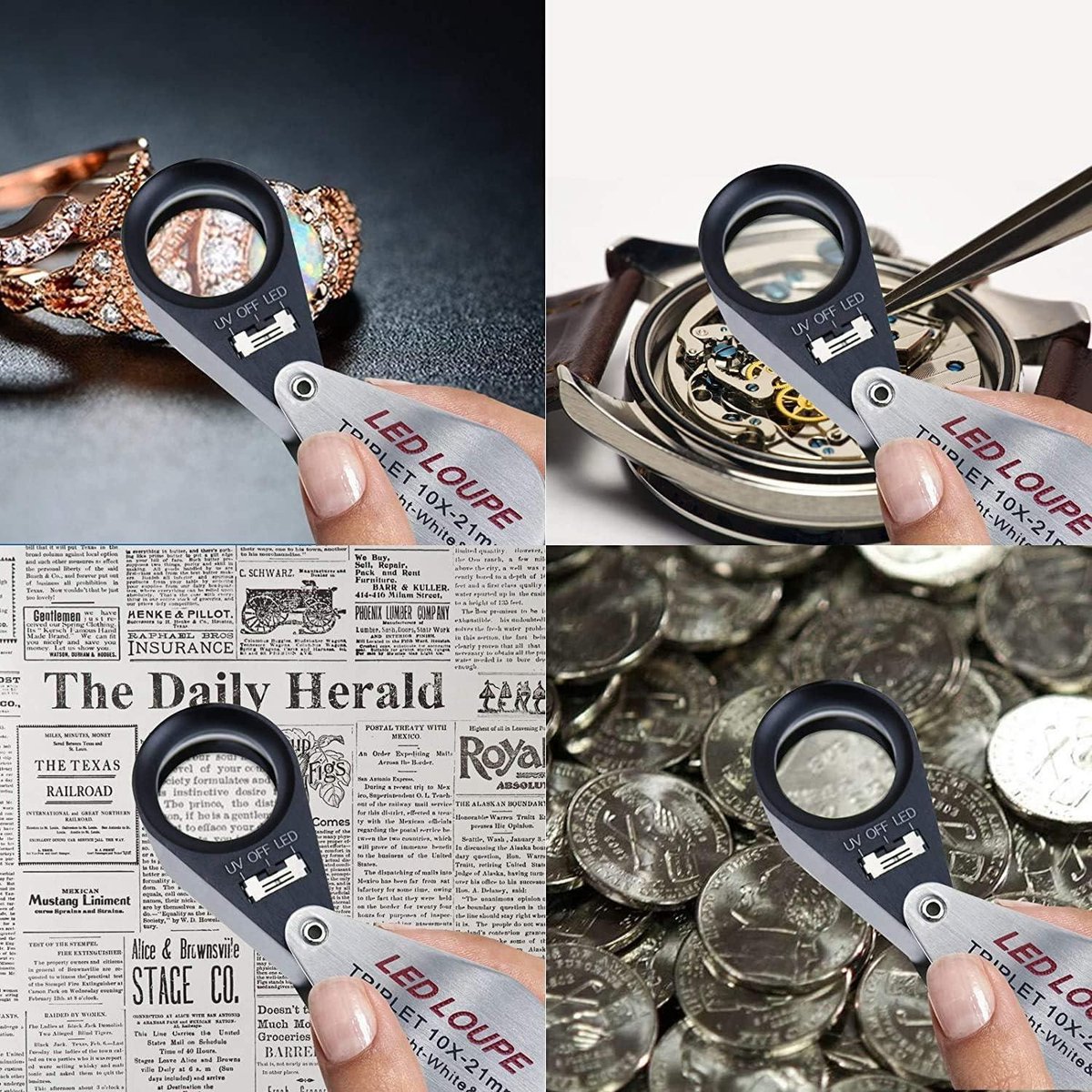 10x opvouwbare loep in zakformaat met UV- en LED-licht voor sieraden, stenen, munten en antiek - Verlicht vergrootglas voor ogen, postzegels, horloges, hobby's en edelstenen
