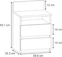 Dessin schématique d'une table de nuit avec dimensions: 39,6 cm de largeur, 32,3 cm de profondeur, 59,1 cm de hauteur.