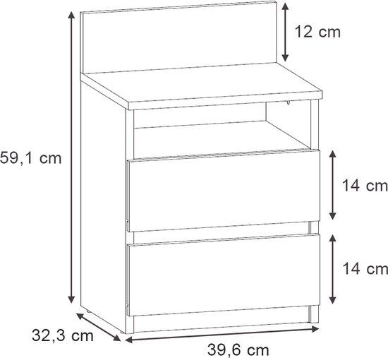 Dessin schématique d'une table de nuit avec dimensions: 39,6 cm de largeur, 32,3 cm de profondeur, 59,1 cm de hauteur.