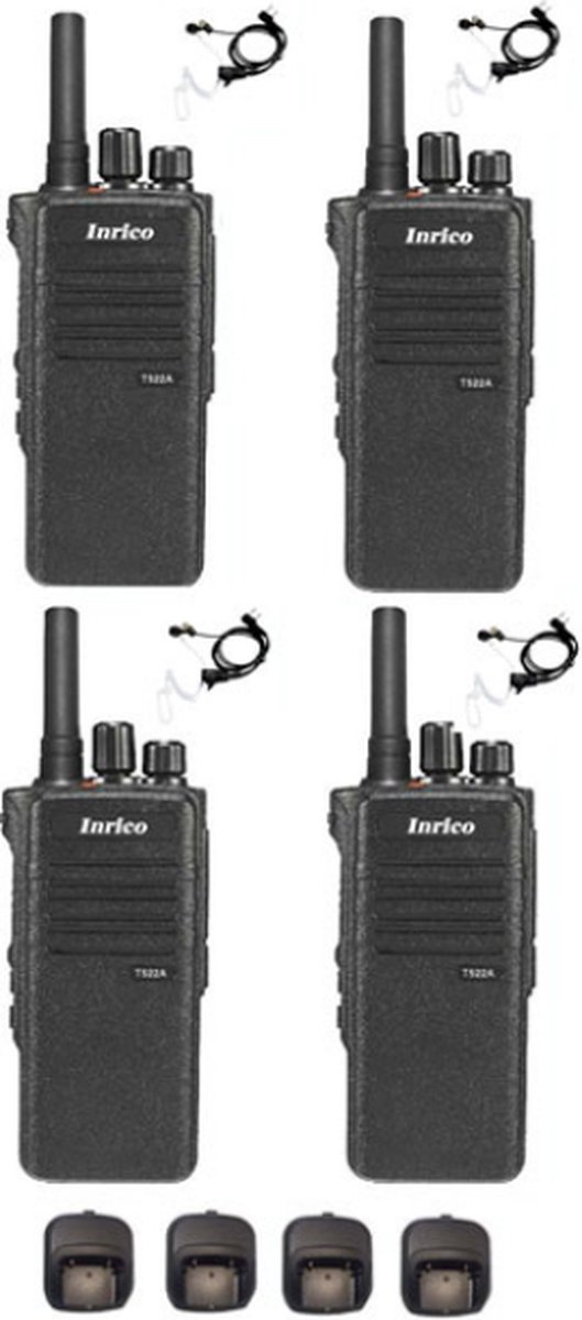 Set van 4 Inrico T522A IP66 4G LTE POC Zello Portofoon K1 2-Pins met beveiliging oortje
