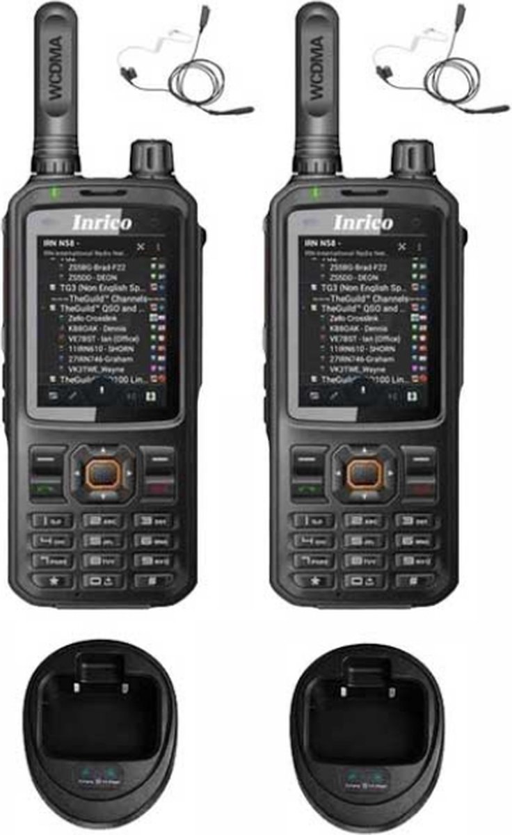 Set van 2 Inrico T320 V2 4G LTE Zello Portofoon, GPS, Wifi, tafellader en beveiliging oortje