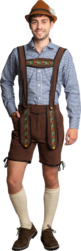 Foto: Korte lederhose blouse set incl bretels oktoberfest heren carnavalskleding heren lederhosen man bruin blauw l polyester