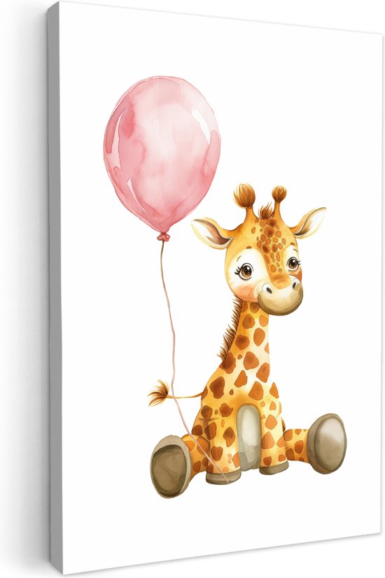 Canvas schilderij 60x90 cm - Wanddecoratie kinderkamer Giraf - Baby - Dieren - Roze ballon - Muurdecoratie babykamer - Kamer decoratie voor jongens en meisjes - Baby accessoires - Schilderijen