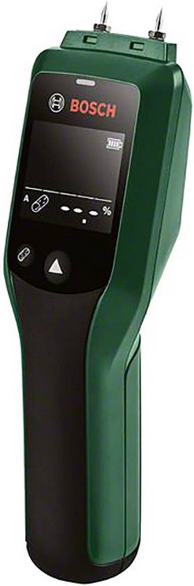 Bosch UniversalHumid vochtmeter met twee pinnen, zwart handvat en display met metingen.