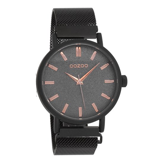 OOZOO Timepieces - Zwarte horloge met zwarte metalen mesh armband - C10736