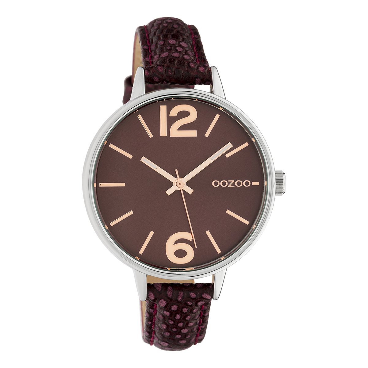 OOZOO Timepieces - Zilverkleurige horloge met bordeaux rode leren band - C10457