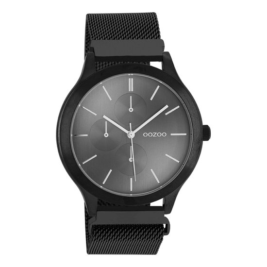 OOZOO Timepieces - Zwarte horloge met zwarte metalen mesh armband - C10690