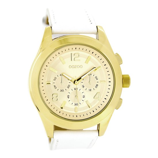 OOZOO Timepieces - Goudkleurige horloge met witte leren band - C6588