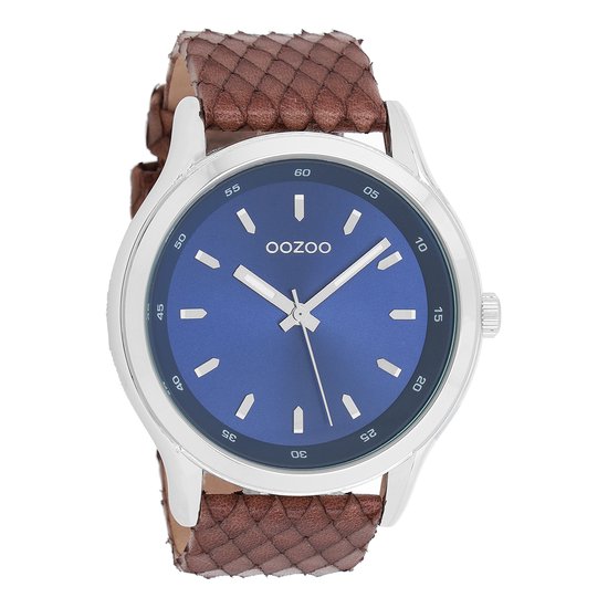 OOZOO Timepieces - Zilverkleurige horloge met bruine leren band - C7432