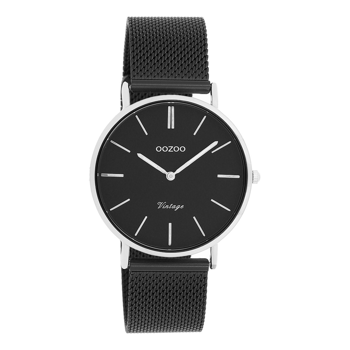 OOZOO Timepieces - Zilverkleurige horloge met zwarte metalen mesh armband - C8866