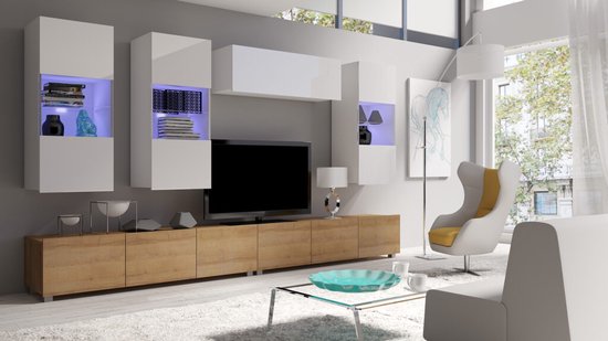 TV meubel - CALABRINI 5 - met LED verlichting - Hangmeubel - Wit glans + Gouden eik - 300 cm