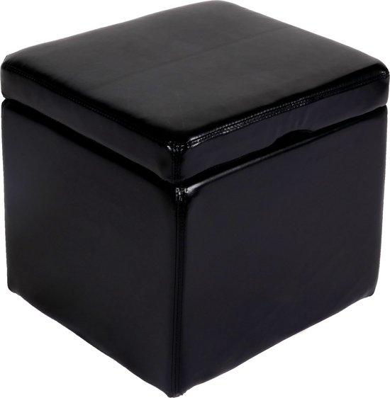 Kruk Zitkubus Opbergdoos Onex, met deksel, leer + kunstleer, 45x44x44cm MVG ~ zwart