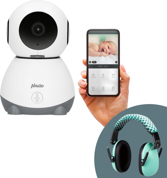 Foto: Alecto wifi babyfoon met kinder gehoorbescherming bundel babyfoon met full hd camera en app smartbaby10 wit bv 71 groen