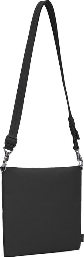 Zwarte Pacsafe crossbody tas, achterkant, met verstelbare schouderband.