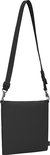 Zwarte Pacsafe crossbody tas, achterkant, met verstelbare schouderband.