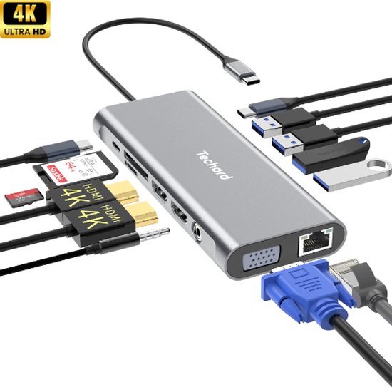 Foto: Techard usb c hub 13 in 1 docking station usb splitter laptop 2x hdmi 4k usb a usb c 100w ethernet vga micro sd aux geschikt voor laptop macbook windows