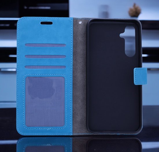 Bookcase Geschikt voor: Samsung Galaxy A35 Turquoise - Portemonnee hoesje met 2 stuk Glas Screen protector - Book Cover