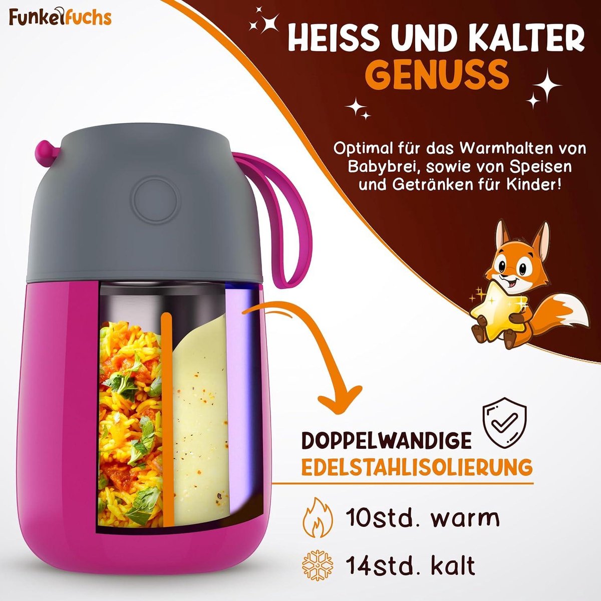 Funkelfuchs Thermomug for food and children, 500 ml, blue dino, 100% leak-proof, warming container made of stainless steel