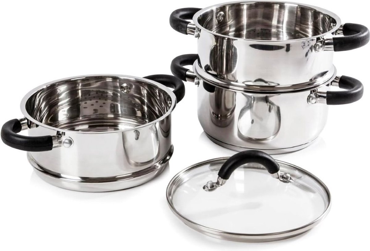 Stoompot – Stoompan – Stoomkokers – Stoomkoker Baby – Stoom Koker – met Pan – 18CM – 3-Delig – Zilver