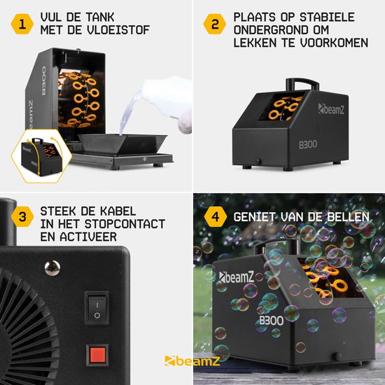 Stappenplan voor de BeamZ B300 bellenblaasmachine: vullen, plaatsen, aansluiten en genieten.