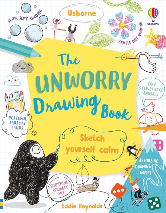 De omslag van "The Unworry Drawing Book" met een zwart wezen dat een potlood vasthoudt, diverse tekeningen en tekst.