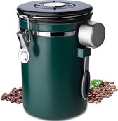 Koffieblik, luchtdicht koffieblik van roestvrij staal, blik voor koffiebonen, met maatlepel, CO2-ventiel en datumweergave, voor koffiebonen, gemalen koffie, noten, suiker, granen, 1,8 l, groen