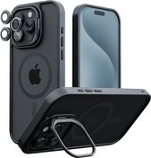 iTech Hoesje Geschikt voor iPhone 15 Pro Transparant - Zwart - Geschikt voor Apple iPhone 15 Pro - Compatibel met MagSafe - Back Cover met Standaard - Camera Kickstand - Camera Protector