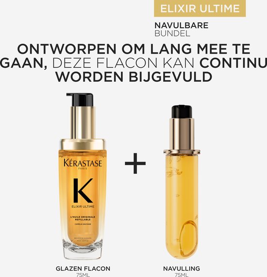 Kérastase Elixir Ultime navulbaar product. Glazen fles van 75ml naast een 75ml navulling.