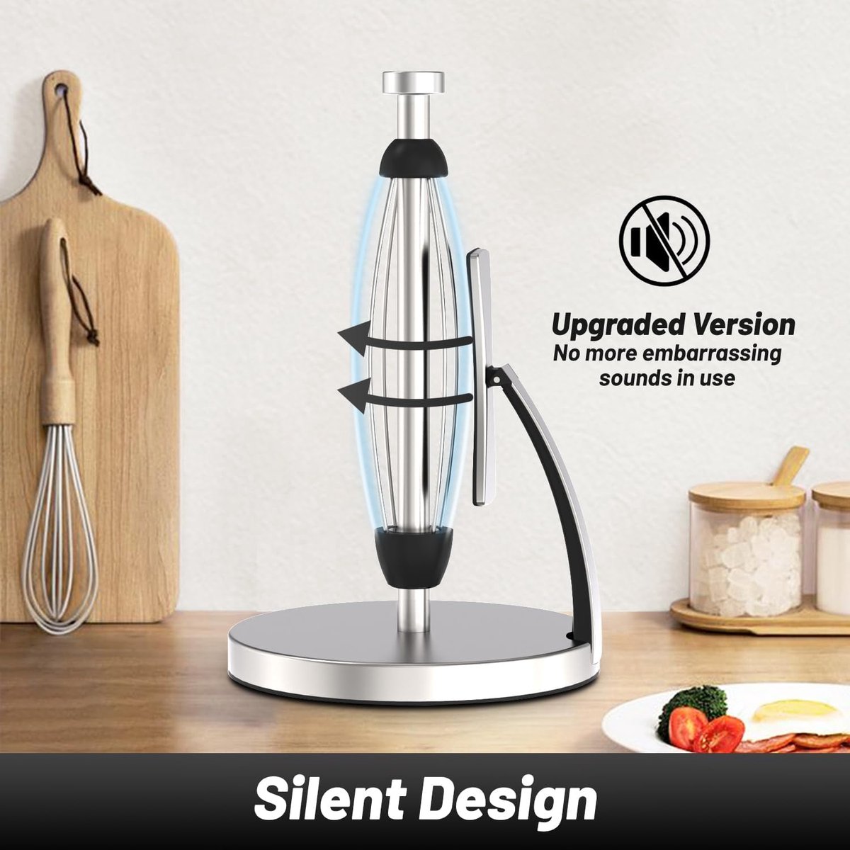 Keukenrolhouder - Vrijstaande papieren handdoekhouder met veerarm - Stil dempend effect - Gemakkelijk te scheuren - Voor keuken en badkamer
