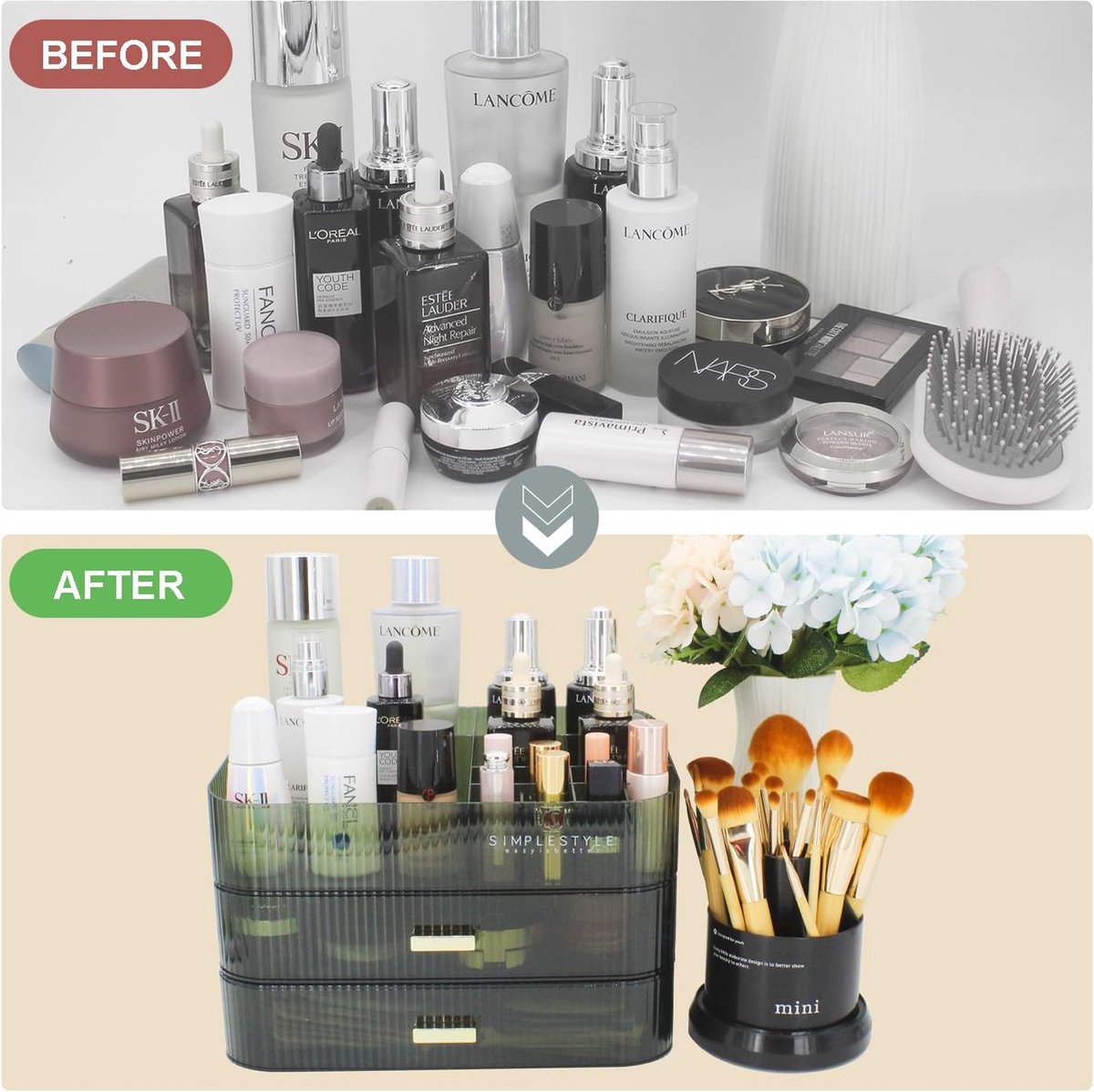 Make-up organizer met 2 laden cosmetica-organizer voor slaapkamer en badkamer ijdelheid werkbladen grote capaciteit cosmetica-opbergdoos voor huidverzorging crème parfum groen