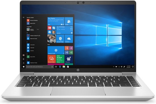 Zilveren HP ProBook 440 G laptop met opengeklapt scherm. Het scherm toont Windows 10 met diverse tegels.
