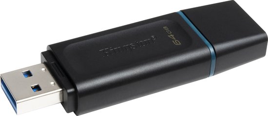 Zwarte Kingston 64GB USB stick met blauwe accenten, op witte achtergrond.