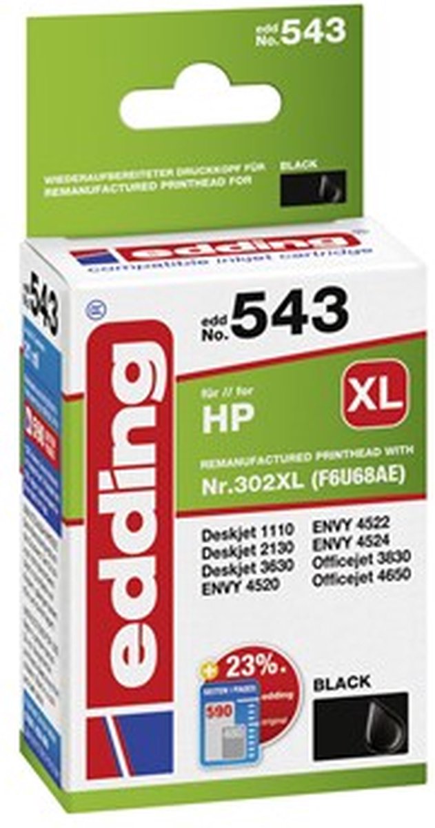 Edding Inktcartridge EDD-543 Compatibel vervangt HP 302XL, F6U68AE Zwart 18-543