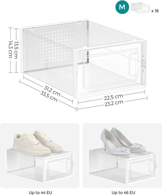 WOLTU Schoenendozen transparant, 12 Stk Opbergdozen voor Schoenen, Schoenenorganizer, Schoenopslag Opvouwbaar en Stapelbaar, kunststof, 25x19x35 cm SRX12tp