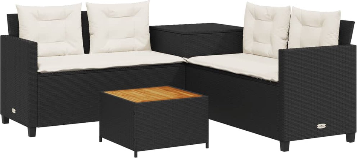 vidaXL Tuinbank - met - tafel - en - kussens - L-vormig - poly - rattan - zwart
